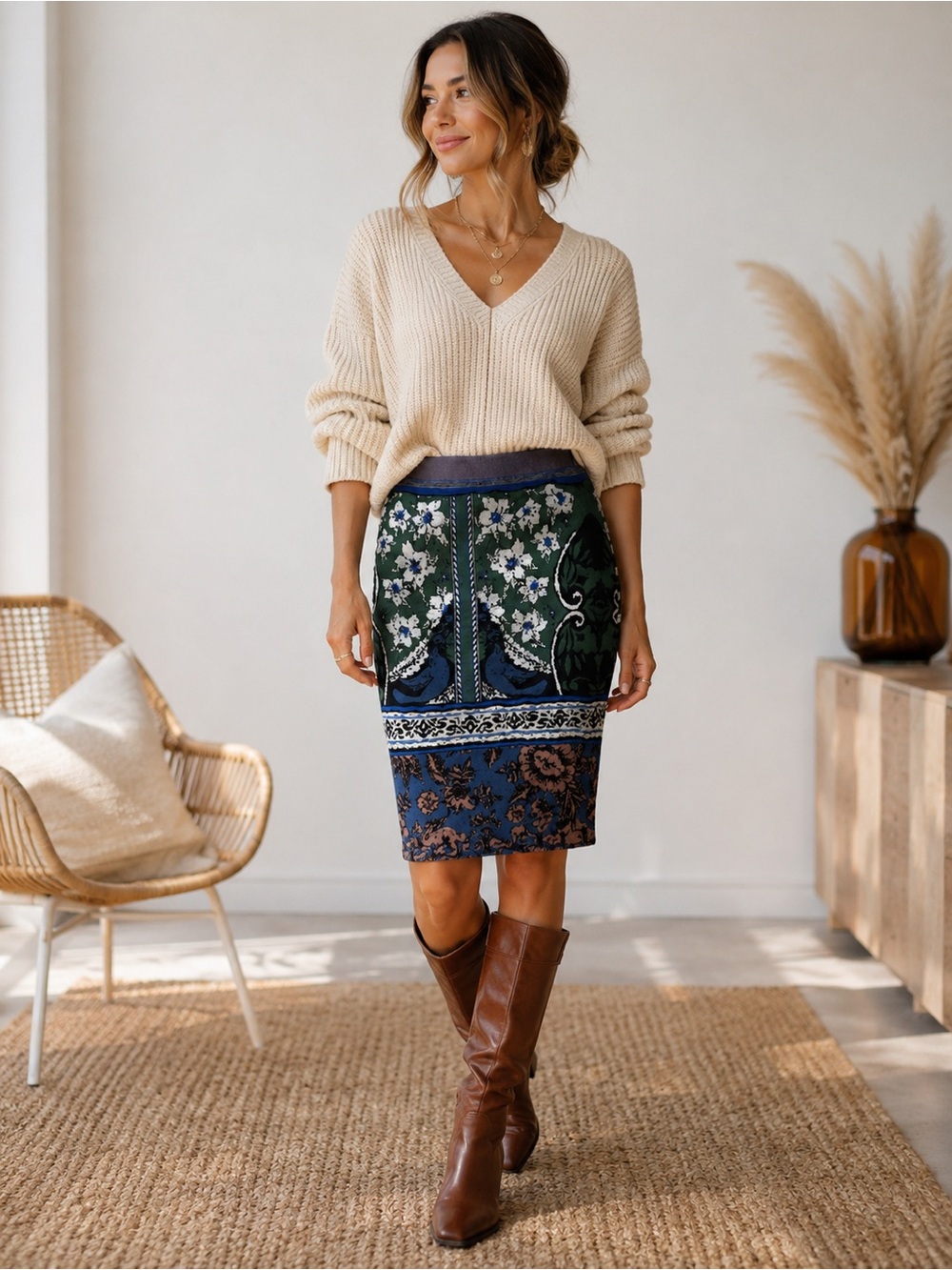 Moth Anthropologie Knit Pencil Skirt Small Boho Floral Tapestry Print